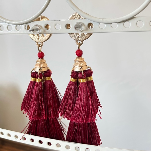 Red & Gold Tone Tassel Tiered Earrings - Picture 4 of 4